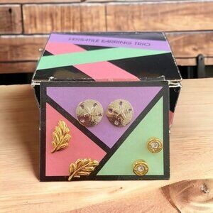 Vintage Avon Versatile Earring‎ Trio Silver Sand Dollar Gold Leaf Diamond Stud